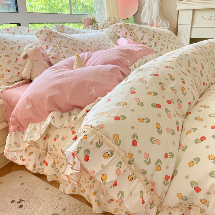 91家纺网 家纺一手货源 找家纺 艾唯希家纺 2024新款全棉韩式花边四件套纯棉公主风田园系列清新郁金香