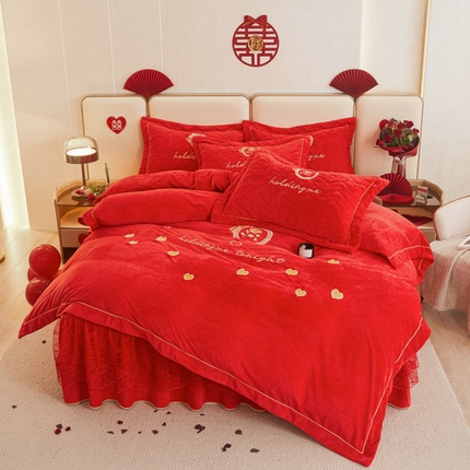 宜凡家纺 2023秋冬新品新品婴儿绒婚庆床裙四件套 玫瑰之约