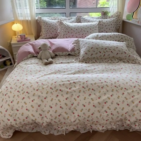 91家纺网 家纺一手货源 找家纺 艾唯希家纺 2024新款全棉韩式花边四件套纯棉公主风田园系列清新郁金香