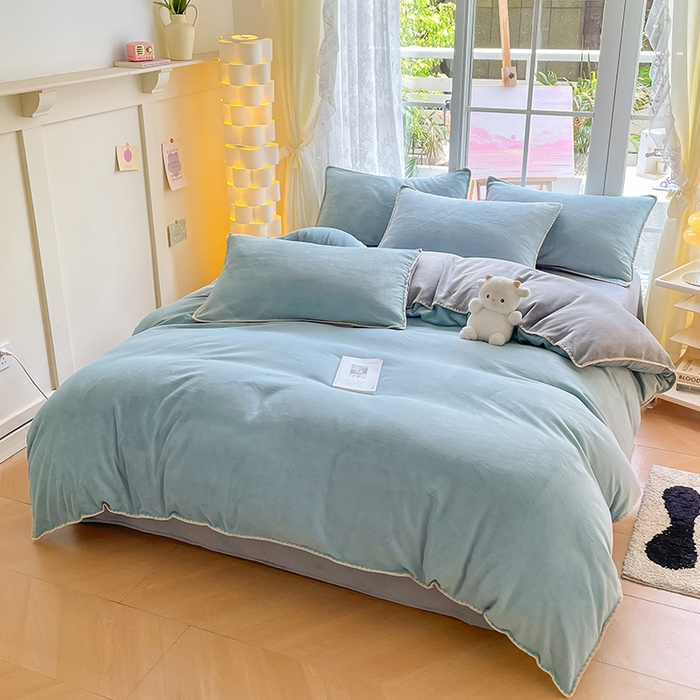 91家纺网 家纺一手货源 找家纺 （总）眠帛 2023新款纯色混搭牛奶绒贝壳边保暖四件套