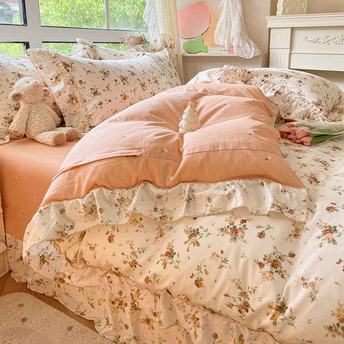 91家纺网 家纺一手货源 找家纺 艾唯希家纺 2024新款全棉韩式花边四件套纯棉公主风田园系列 浅安