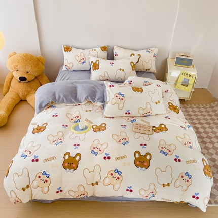 木堇 2023新款印花牛奶绒四件套 樱桃熊