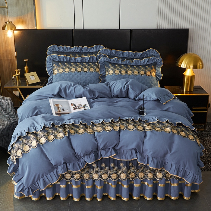 91家纺网 家纺一手货源 找家纺 罗艺轩 2024新款A类蛋白棉夹棉床裙四件套-品味人生 品味人生-宝蓝