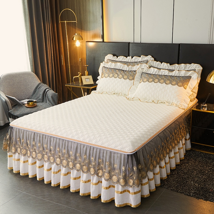 91家纺网 家纺一手货源 找家纺 罗艺轩 2024新款A类蛋白棉夹棉床裙-品味人生 品味人生-珍珠白