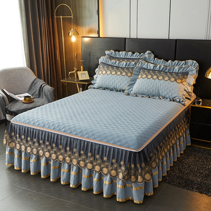 91家纺网 家纺一手货源 找家纺 罗艺轩 2024新款A类蛋白棉夹棉床裙-品味人生 品味人生-湖蓝