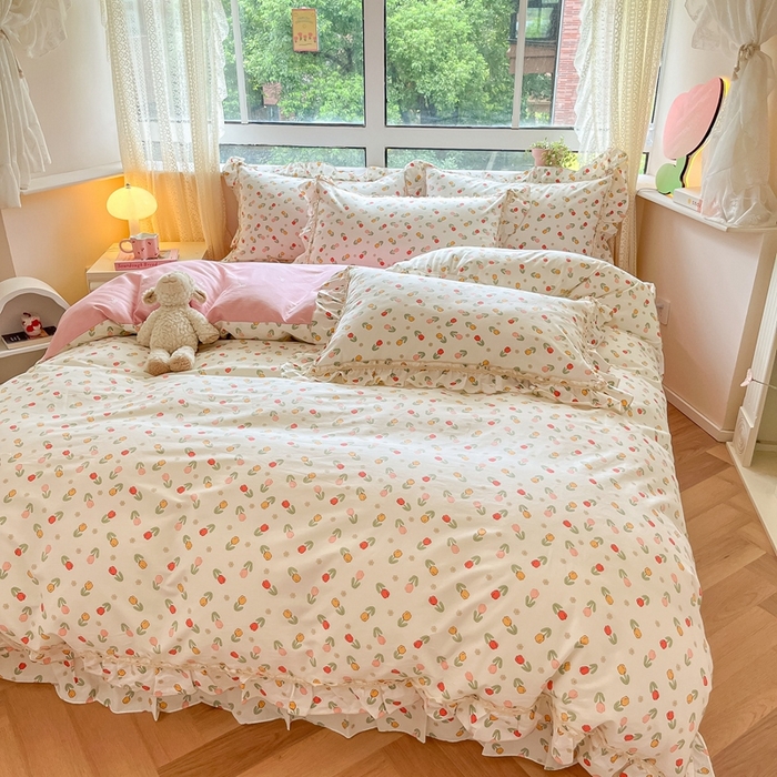 91家纺网 家纺一手货源 找家纺 艾唯希家纺 2024新款全棉韩式花边四件套纯棉公主风田园系列清新郁金香