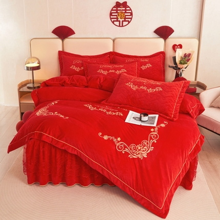 宜凡家纺 2023秋冬新品新品婴儿绒婚庆床裙四件套 一生一世
