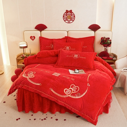 宜凡家纺 2023秋冬新品新品婴儿绒婚庆床裙四件套 蜜恋