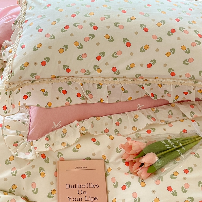 91家纺网 家纺一手货源 找家纺 艾唯希家纺 2024新款全棉韩式花边四件套纯棉公主风田园系列清新郁金香