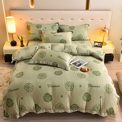 同田家纺 2023新款加厚保暖牛奶绒印花四件套 绿茵