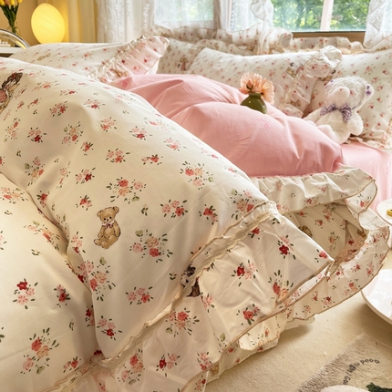 艾唯希家纺 2024新款全棉韩式花边四件套纯棉公主风田园系列 暖阳