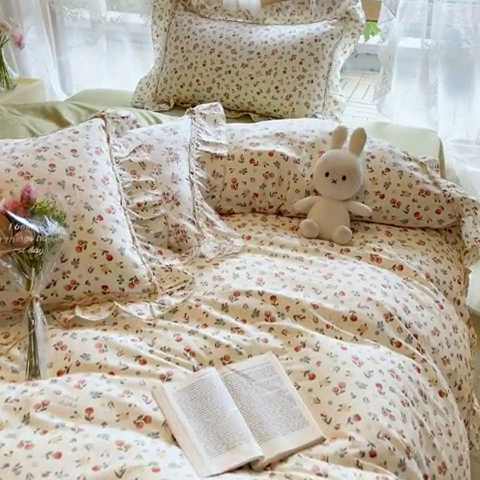 91家纺网 家纺一手货源 找家纺 艾唯希家纺 2024新款全棉韩式花边四件套纯棉公主风田园系列 元气花海
