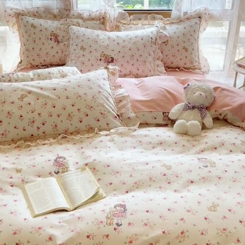 91家纺网 家纺一手货源 找家纺 艾唯希家纺 2024新款全棉韩式花边四件套纯棉公主风田园系列 暖阳