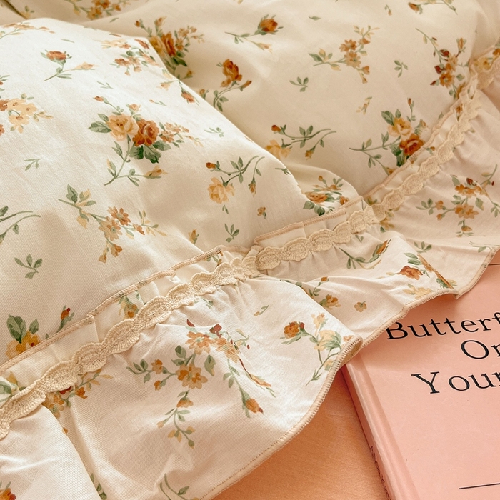 91家纺网 家纺一手货源 找家纺 艾唯希家纺 2024新款全棉韩式花边四件套纯棉公主风田园系列 浅安