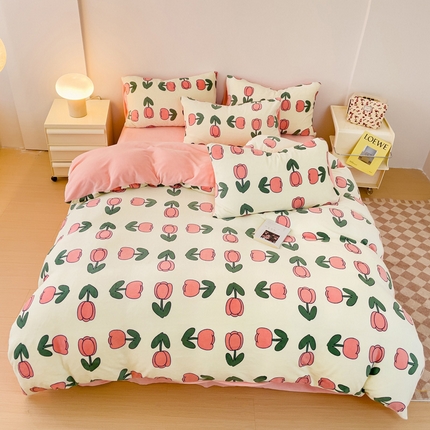 木堇 2023新款印花牛奶绒四件套 粉郁金香