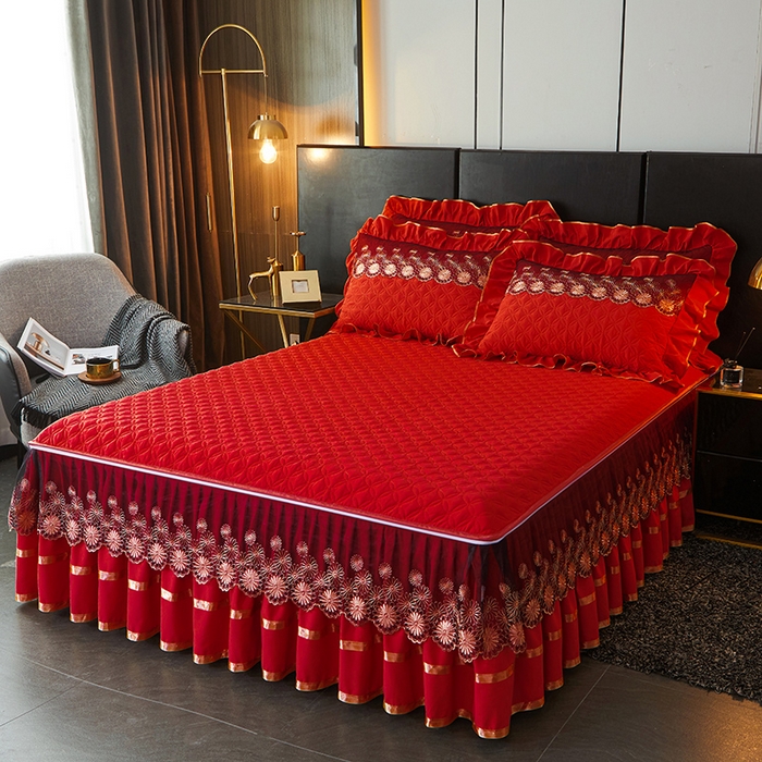 91家纺网 家纺一手货源 找家纺 罗艺轩 2024新款A类蛋白棉夹棉床裙-品味人生 品味人生-中国红