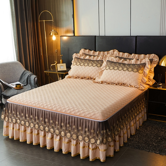 91家纺网 家纺一手货源 找家纺 罗艺轩 2024新款A类蛋白棉夹棉床裙-品味人生 品味人生-香槟