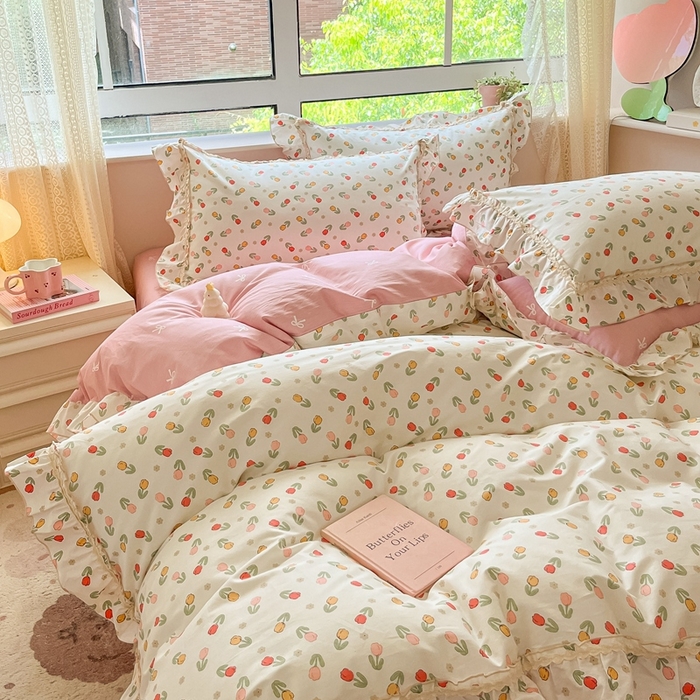 91家纺网 家纺一手货源 找家纺 艾唯希家纺 2024新款全棉韩式花边四件套纯棉公主风田园系列清新郁金香