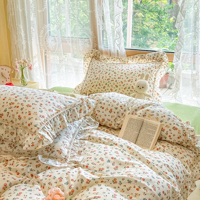 91家纺网 家纺一手货源 找家纺 艾唯希家纺 2024新款全棉韩式花边四件套纯棉公主风田园系列 元气花海