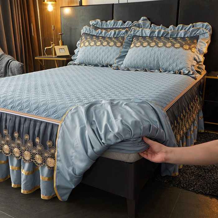 91家纺网 家纺一手货源 找家纺 罗艺轩 2024新款A类蛋白棉夹棉床裙-品味人生 品味人生-湖蓝