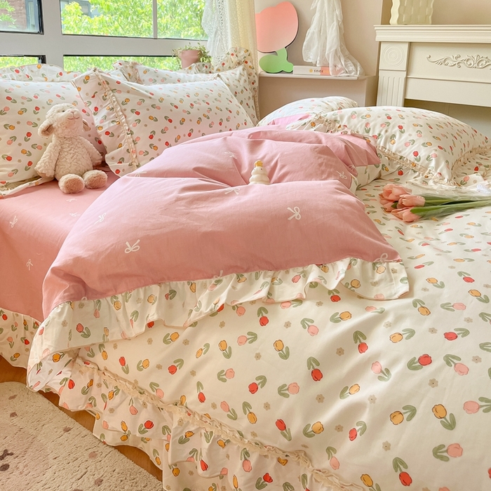 91家纺网 家纺一手货源 找家纺 艾唯希家纺 2024新款全棉韩式花边四件套纯棉公主风田园系列清新郁金香