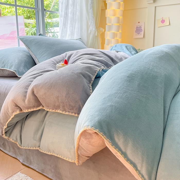 91家纺网 家纺一手货源 找家纺 （总）眠帛 2023新款纯色混搭牛奶绒贝壳边保暖四件套