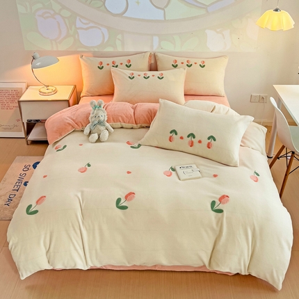 寐居家纺 2023毛巾绣牛奶绒四件套 郁金香-粉白