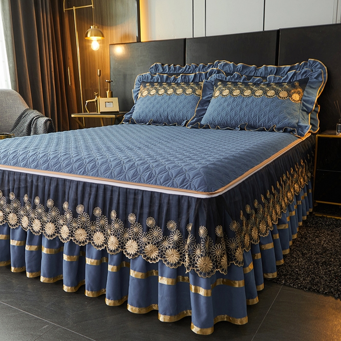 91家纺网 家纺一手货源 找家纺 罗艺轩 2024新款A类蛋白棉夹棉床裙-品味人生 品味人生-宝蓝