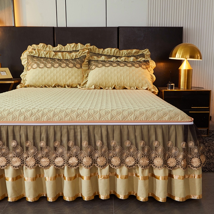 91家纺网 家纺一手货源 找家纺 罗艺轩 2024新款A类蛋白棉夹棉床裙-品味人生 品味人生-黄绿