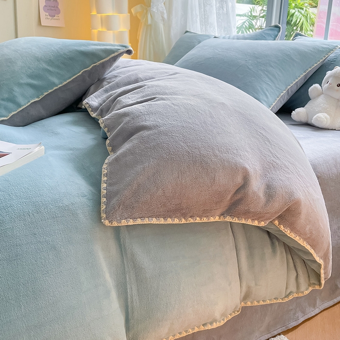 91家纺网 家纺一手货源 找家纺 （总）眠帛 2023新款纯色混搭牛奶绒贝壳边保暖四件套