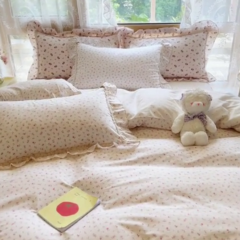 91家纺网 家纺一手货源 找家纺 艾唯希家纺 2024新款全棉韩式花边四件套纯棉公主风田园系列 春田