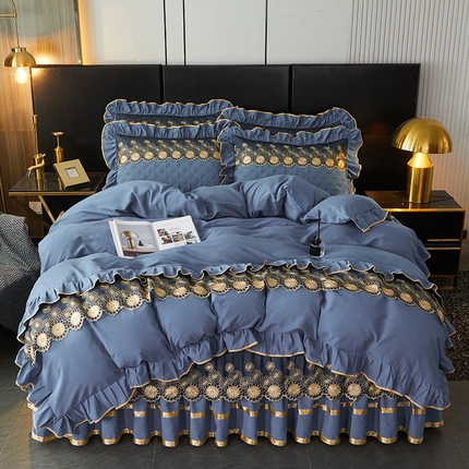 91家纺网 家纺一手货源 找家纺 罗艺轩 2024新款A类蛋白棉夹棉床裙四件套-品味人生 品味人生-宝蓝
