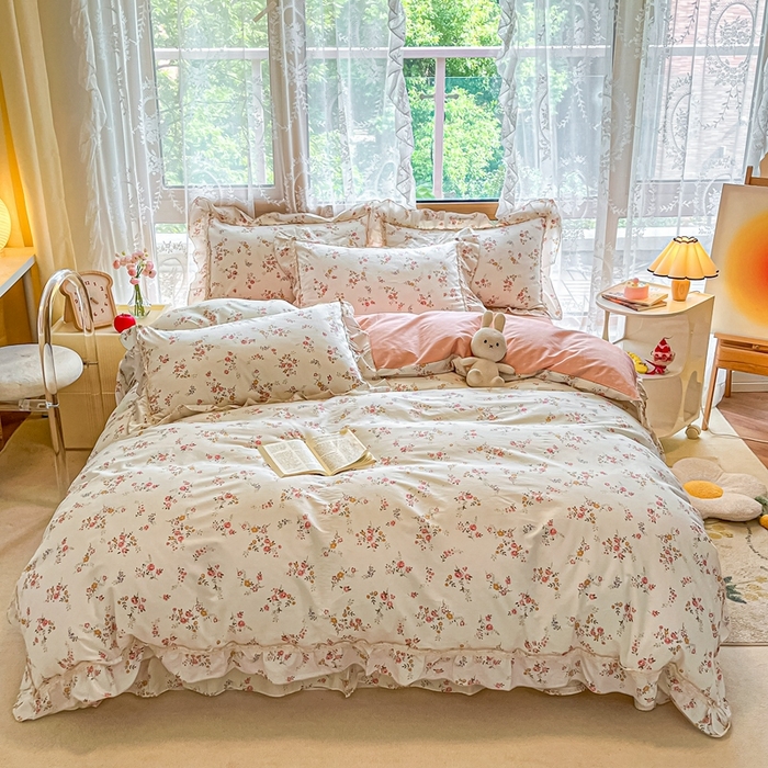 91家纺网 家纺一手货源 找家纺 艾唯希家纺 2024新款全棉韩式花边四件套纯棉公主风田园系列 希雅