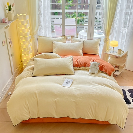 眠帛 2023新款纯色混搭牛奶绒贝壳边保暖四件套 奶黄焦糖