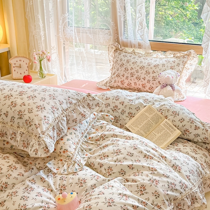 91家纺网 家纺一手货源 找家纺 艾唯希家纺 2024新款全棉韩式花边四件套纯棉公主风田园系列 洛神