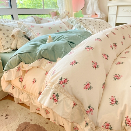 艾唯希家纺 2024新款全棉韩式花边四件套纯棉公主风田园系列花梦如烟米