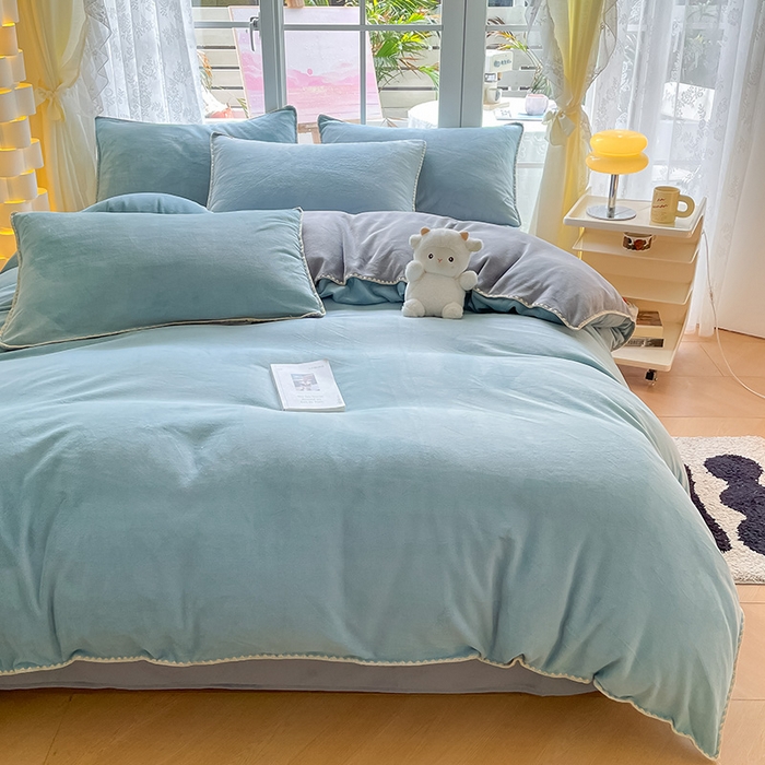 91家纺网 家纺一手货源 找家纺 （总）眠帛 2023新款纯色混搭牛奶绒贝壳边保暖四件套