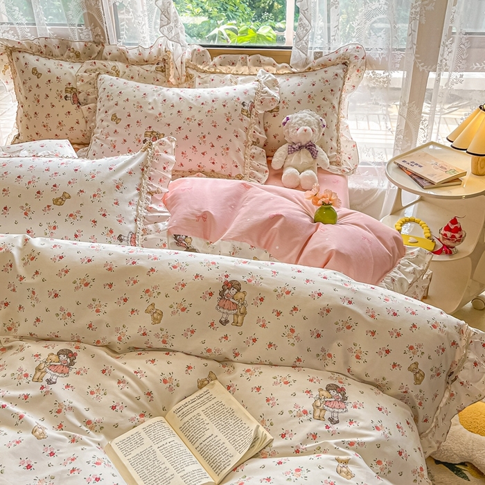 91家纺网 家纺一手货源 找家纺 艾唯希家纺 2024新款全棉韩式花边四件套纯棉公主风田园系列 暖阳