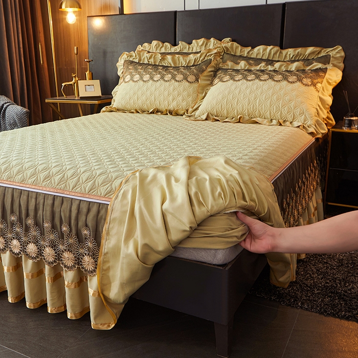 91家纺网 家纺一手货源 找家纺 罗艺轩 2024新款A类蛋白棉夹棉床裙-品味人生 品味人生-黄绿