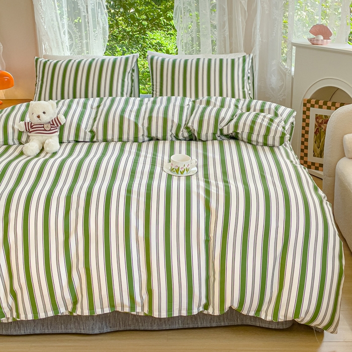 91家纺网 家纺一手货源 找家纺 感遇家纺 2023新款全棉印花四件套 绿条纹