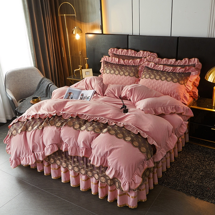 91家纺网 家纺一手货源 找家纺 罗艺轩 2024新款A类蛋白棉夹棉床裙四件套-品味人生 品味人生-豆沙红