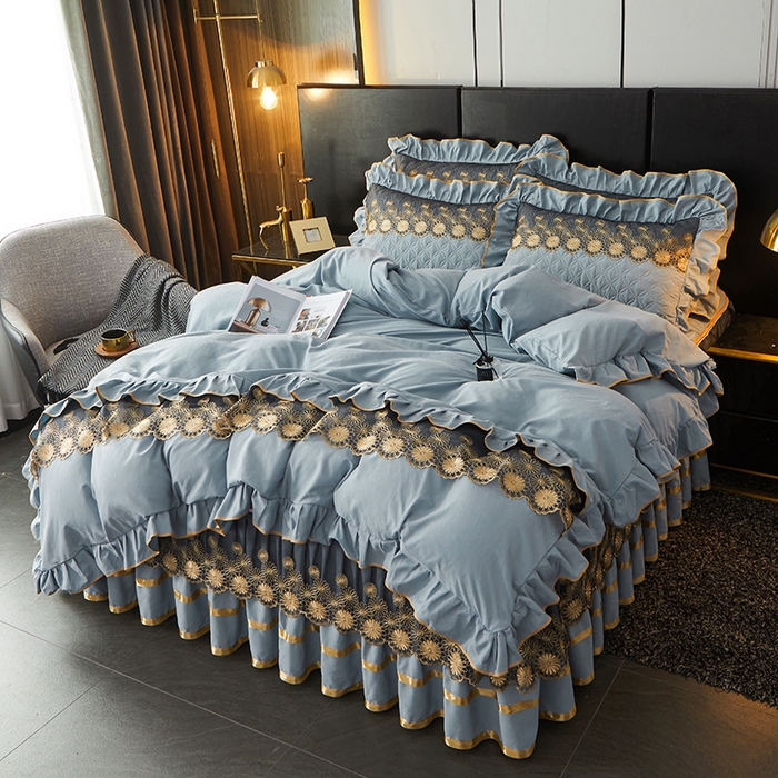 91家纺网 家纺一手货源 找家纺 罗艺轩 2024新款A类蛋白棉夹棉床裙四件套-品味人生 品味人生-湖蓝