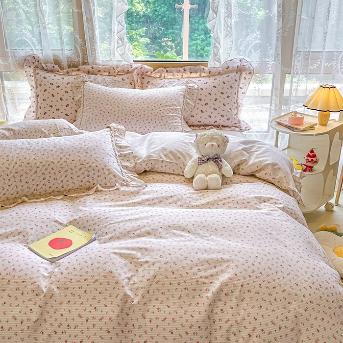 91家纺网 家纺一手货源 找家纺 艾唯希家纺 2024新款全棉韩式花边四件套纯棉公主风田园系列 春田