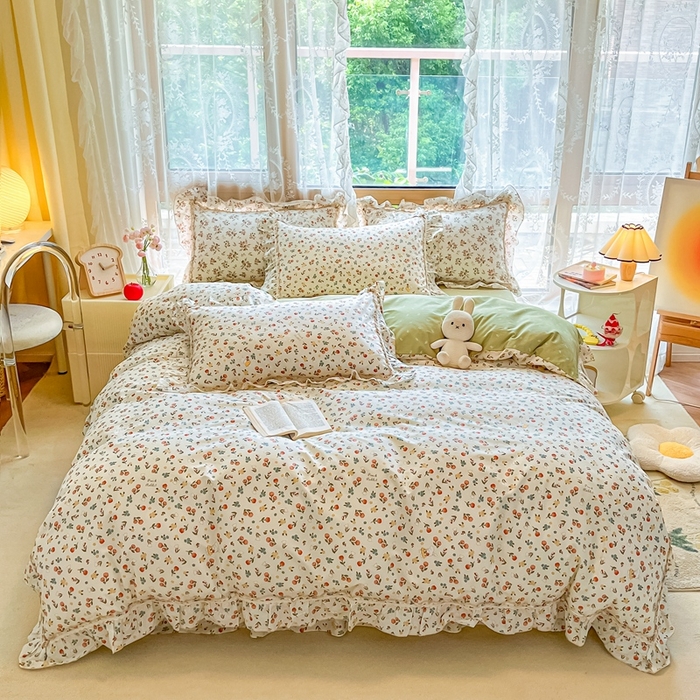 91家纺网 家纺一手货源 找家纺 艾唯希家纺 2024新款全棉韩式花边四件套纯棉公主风田园系列 元气花海