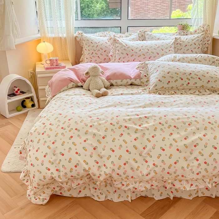 91家纺网 家纺一手货源 找家纺 艾唯希家纺 2024新款全棉韩式花边四件套纯棉公主风田园系列清新郁金香