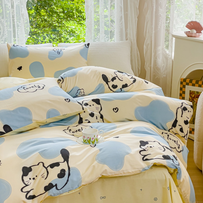 91家纺网 家纺一手货源 找家纺 感遇家纺 2023新款全棉印花四件套 牛奶猫