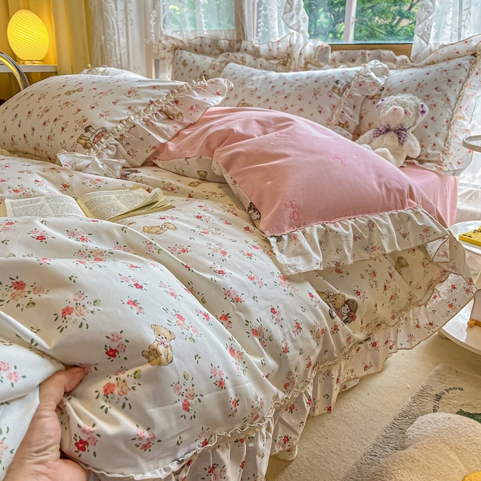 91家纺网 家纺一手货源 找家纺 艾唯希家纺 2024新款全棉韩式花边四件套纯棉公主风田园系列 暖阳
