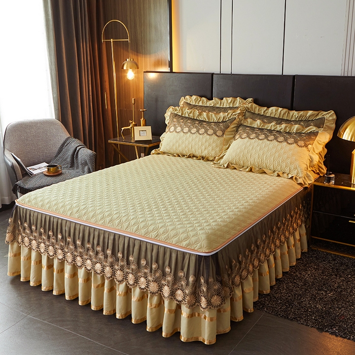 91家纺网 家纺一手货源 找家纺 罗艺轩 2024新款A类蛋白棉夹棉床裙-品味人生 品味人生-黄绿