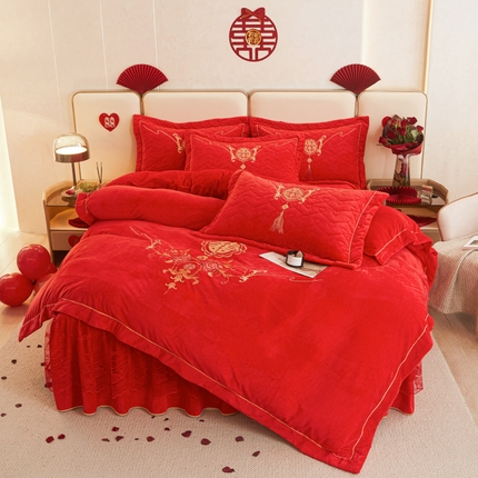 宜凡家纺 2023秋冬新品新品婴儿绒婚庆床裙四件套 国色天香