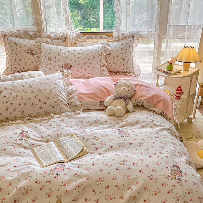 91家纺网 家纺一手货源 找家纺 艾唯希家纺 2024新款全棉韩式花边四件套纯棉公主风田园系列 暖阳